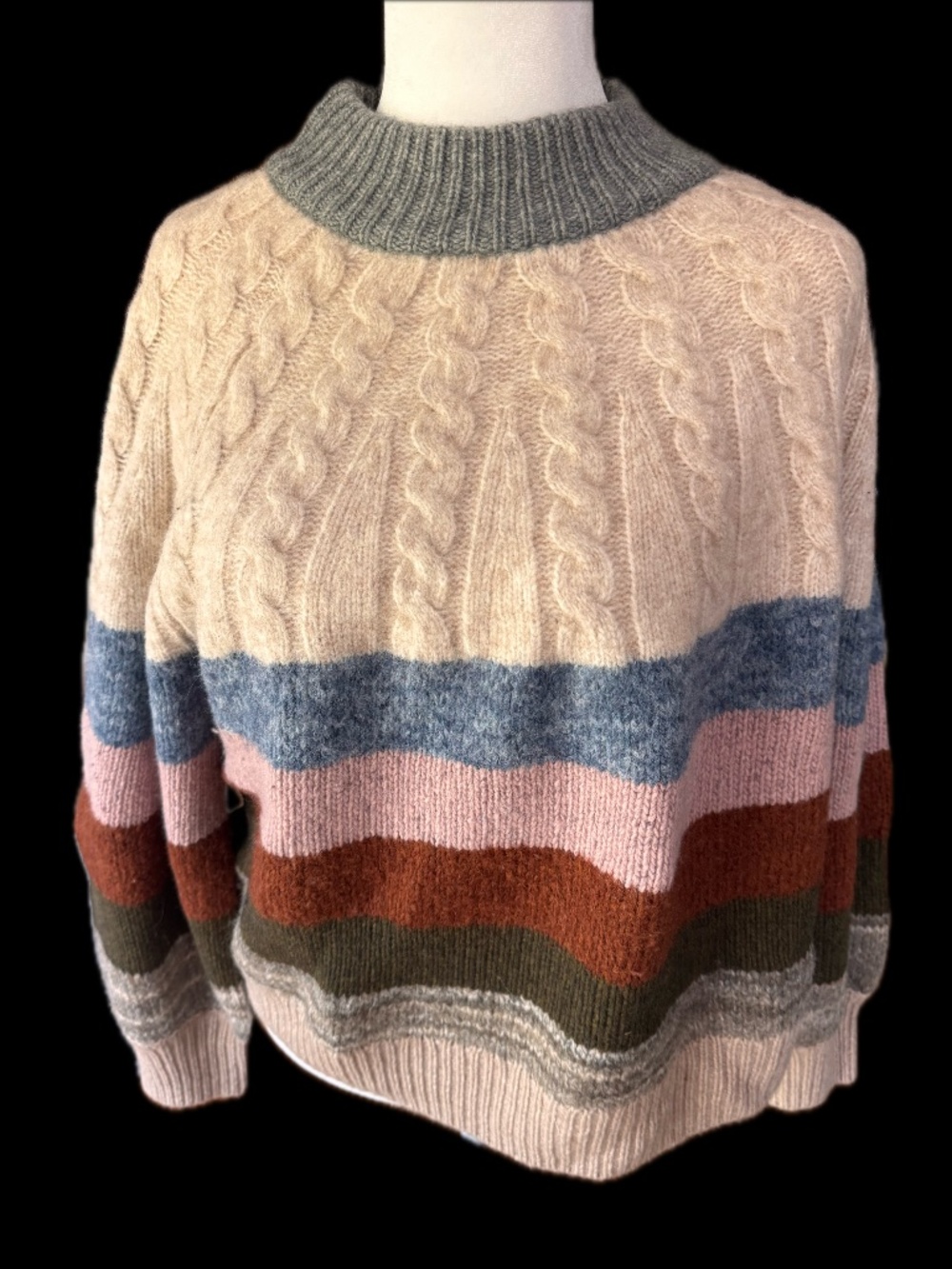 Madewell Colorblock Cable Knit Sweater Mock Neck Merino Wool Blend Cozy Fall